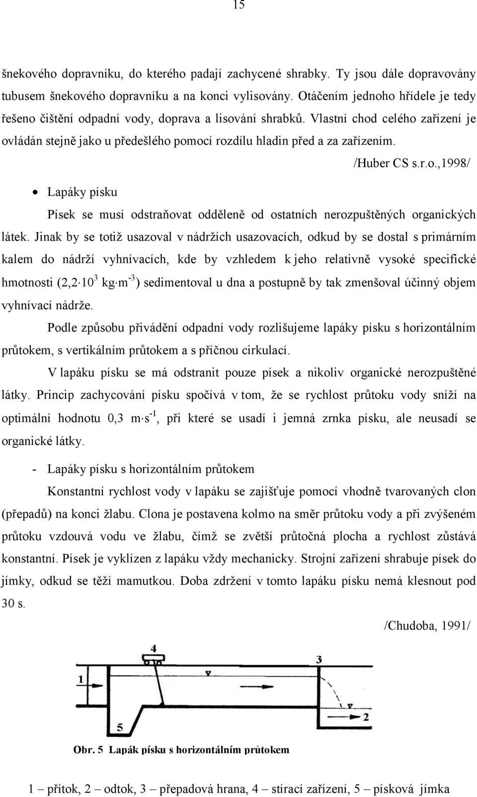 /Huber CS s.r.o.,1998/ Lapáky písku Písek se musí odstraňovat odděleně od ostatních nerozpuštěných organických látek.