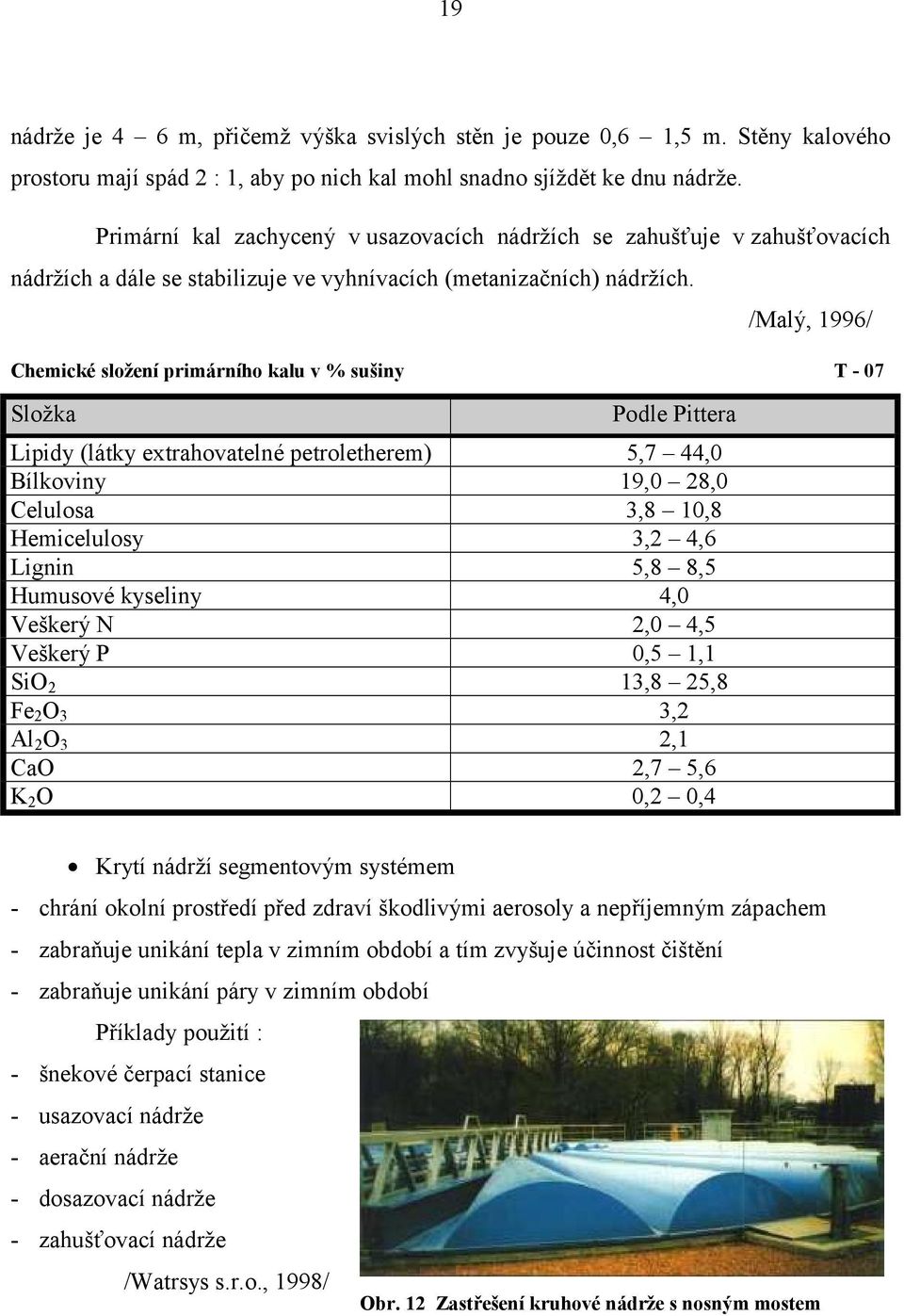 /Malý, 1996/ Chemické složení primárního kalu v % sušiny T - 07 Složka Podle Pittera Lipidy (látky extrahovatelné petroletherem) 5,7 44,0 Bílkoviny 19,0 28,0 Celulosa 3,8 10,8 Hemicelulosy 3,2 4,6