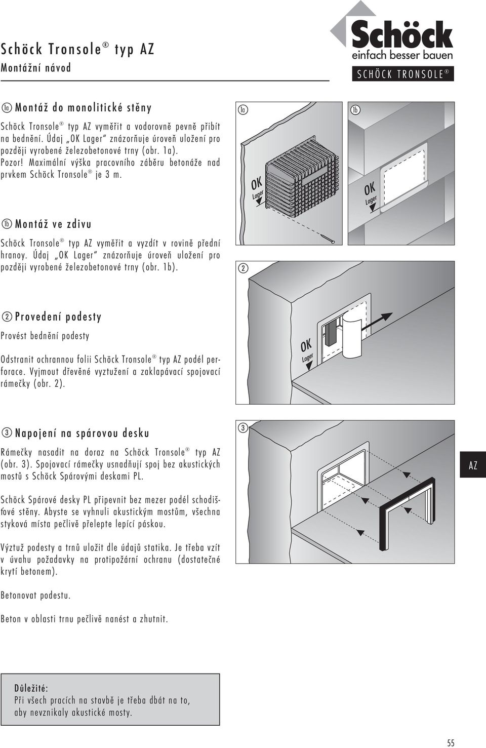 OK Lager OK Lager 1b Montáž ve zdivu Schöck Tronsole typ vyměřit a vyzdít v rovině přední hranoy. Údaj OK Lager znázorňuje úroveň uložení pro později vyrobené železobetonové trny (obr. 1b).