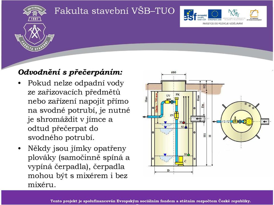 Někdy jsou jímky opatřeny plováky (samočinně spíná a vypíná čerpadla), čerpadla mohou být s mixérem i bez mixéru.