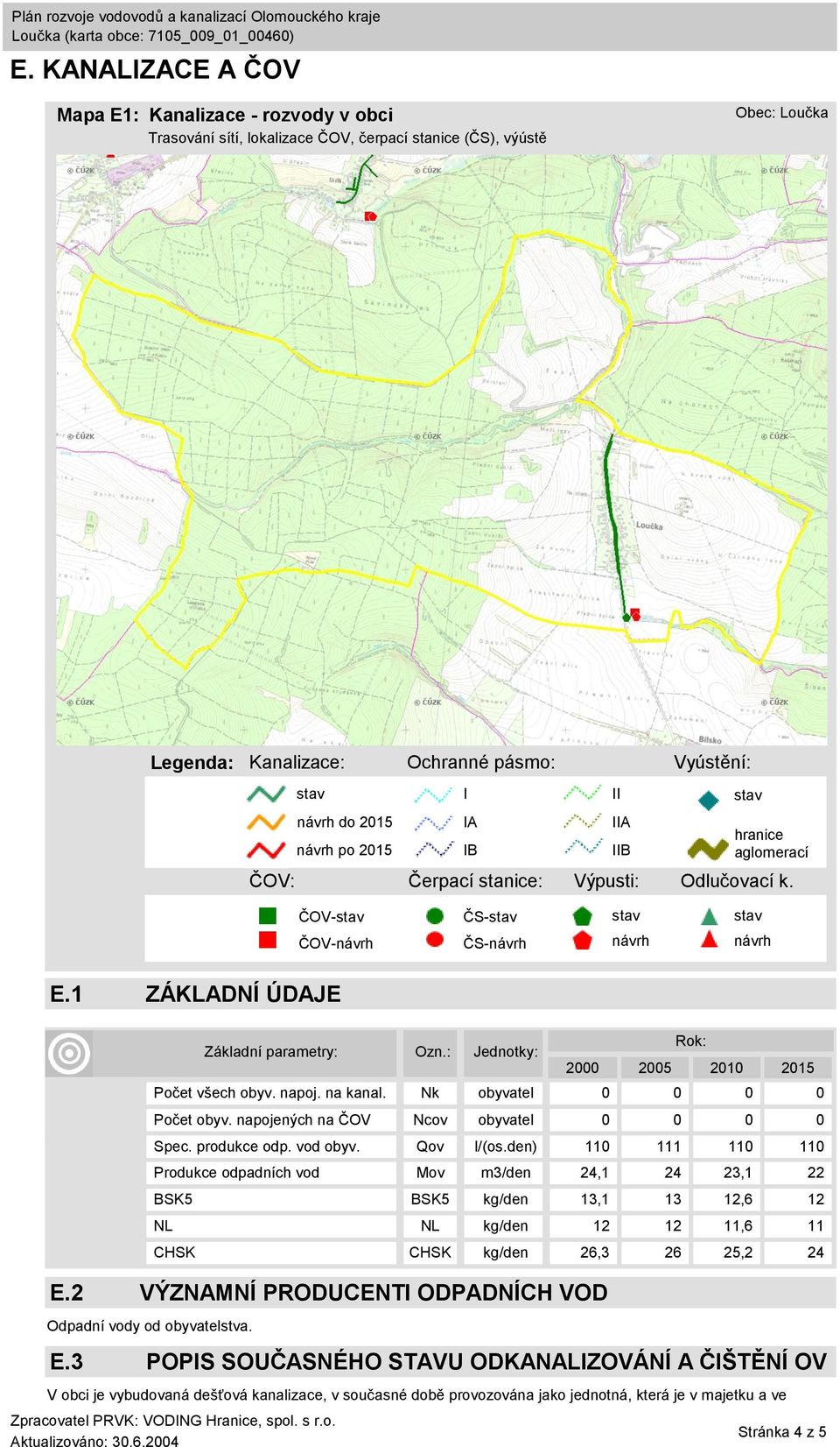 Základní parametry: Ozn.: Jednotky: 2000 2005 2010 2015 Počet všech obyv. napoj. na kanal. Nk obyvatel 0 0 0 0 Počet obyv. napojených na ČOV Ncov obyvatel 0 0 0 0 Spec. produkce odp. vod obyv.