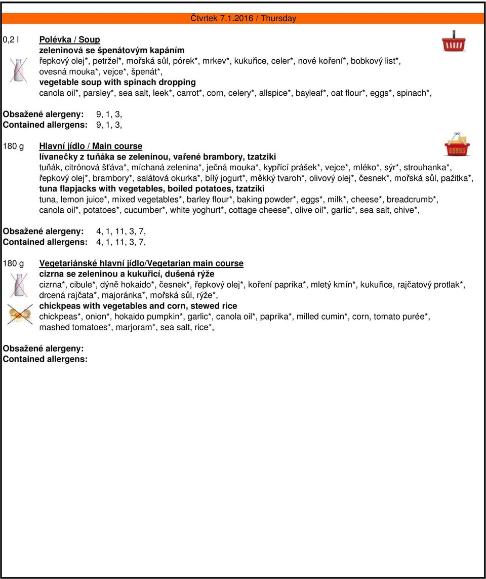 lívanečky z tuňáka se zeleninou, vařené brambory, tzatziki tuňák, citrónová šťáva*, míchaná zelenina*, ječná mouka*, kypřící prášek*, vejce*, mléko*, sýr*, strouhanka*, řepkový olej*, brambory*,