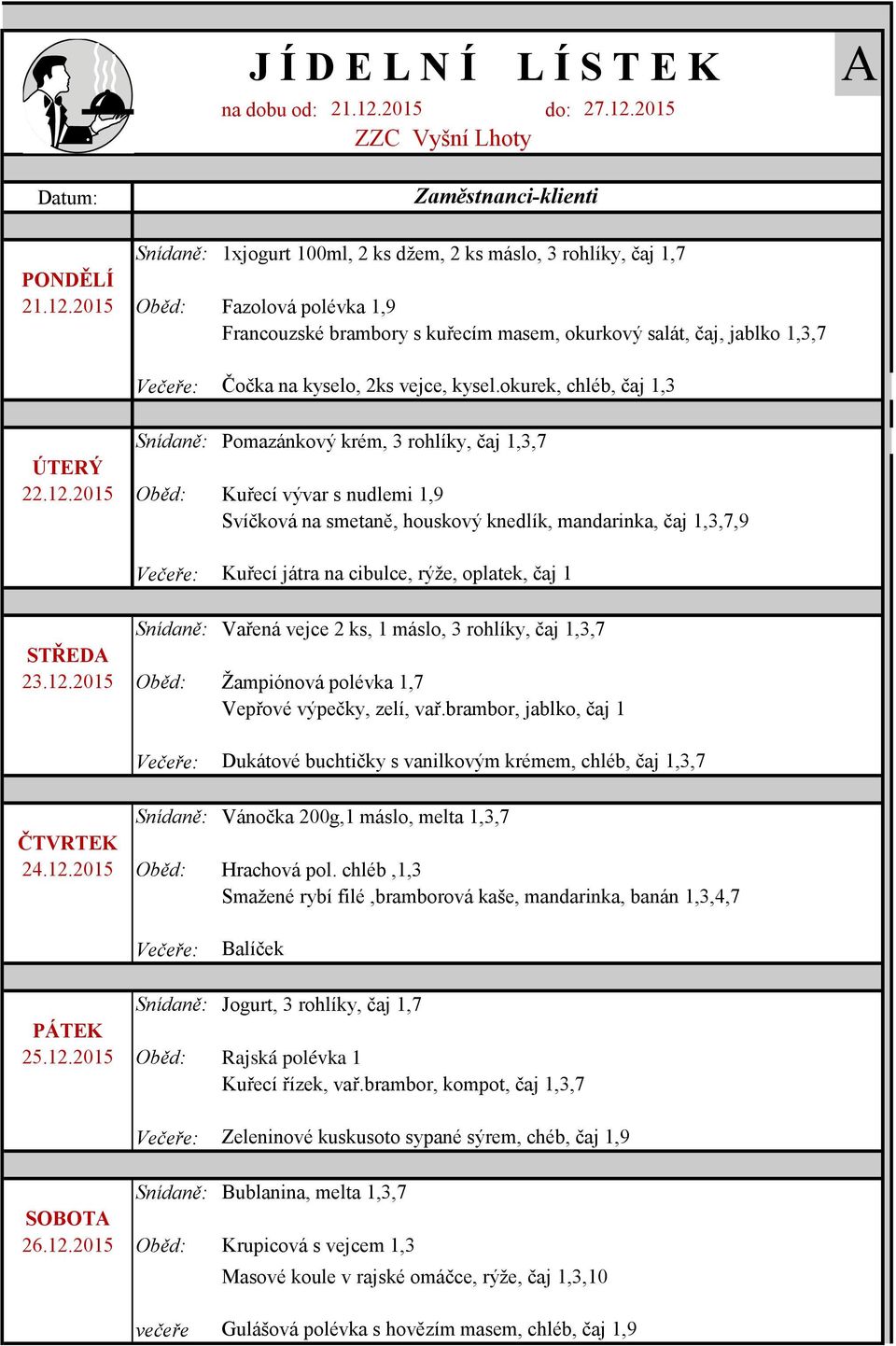 2015 Oběd: Kuřecí vývar s nudlemi 1,9 Svíčková na smetaně, houskový knedlík, mandarinka, čaj 1,3,7,9 Kuřecí játra na cibulce, rýže, oplatek, čaj 1 Snídaně: Vařená vejce 2 ks, 1 máslo, 3 rohlíky, čaj