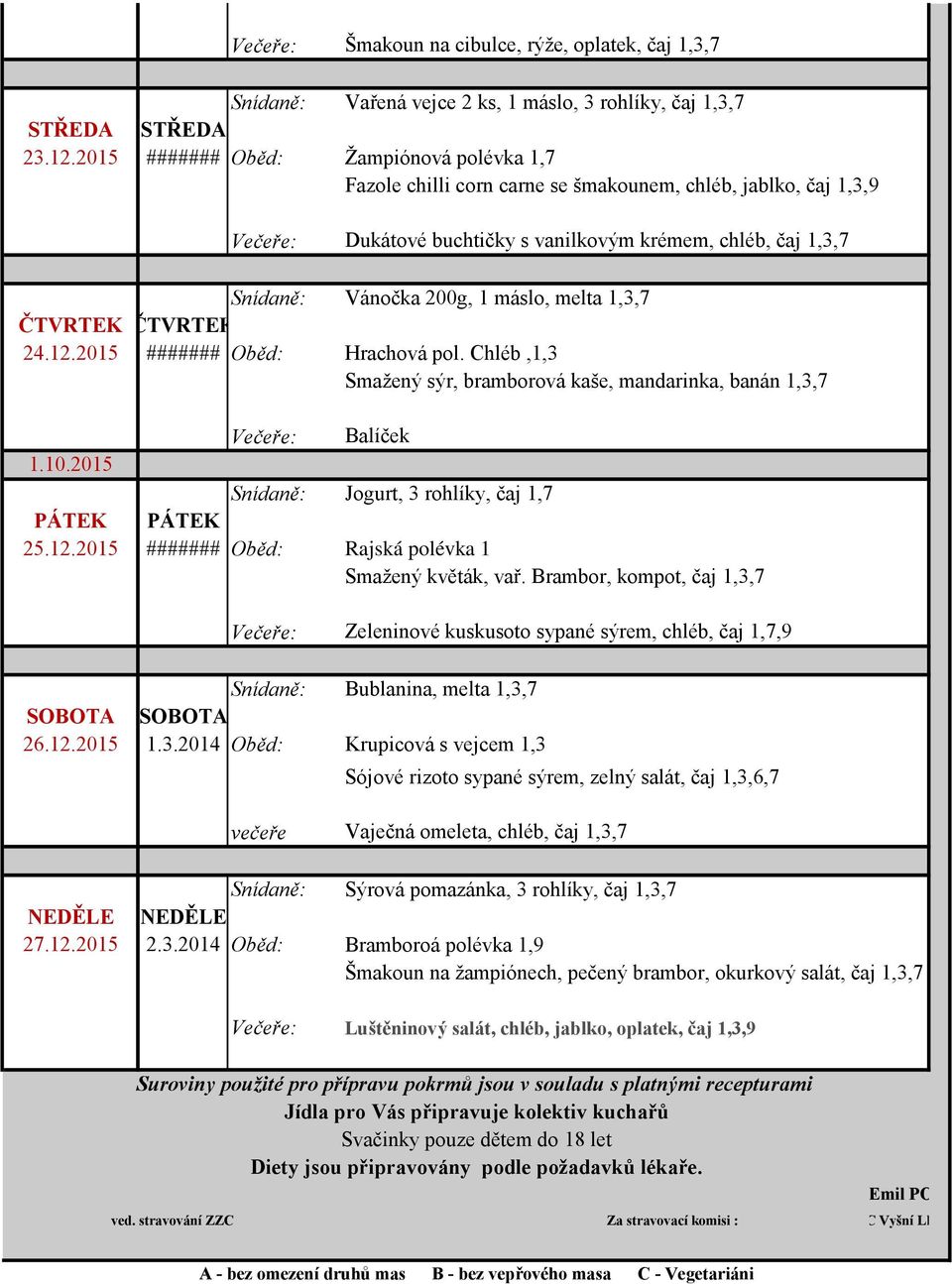 2015 ####### Oběd: Žampiónová polévka 1,7 Fazole chilli corn carne se šmakounem, chléb, jablko, čaj 1,3,9 Dukátové buchtičky s vanilkovým krémem, chléb, čaj 1,3,7 Snídaně: Vánočka 200g, 1 máslo,