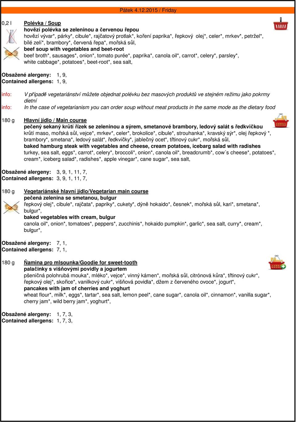 Obsažené alergeny: 1, 9, Contained allergens: 1, 9, Pátek 4.12.