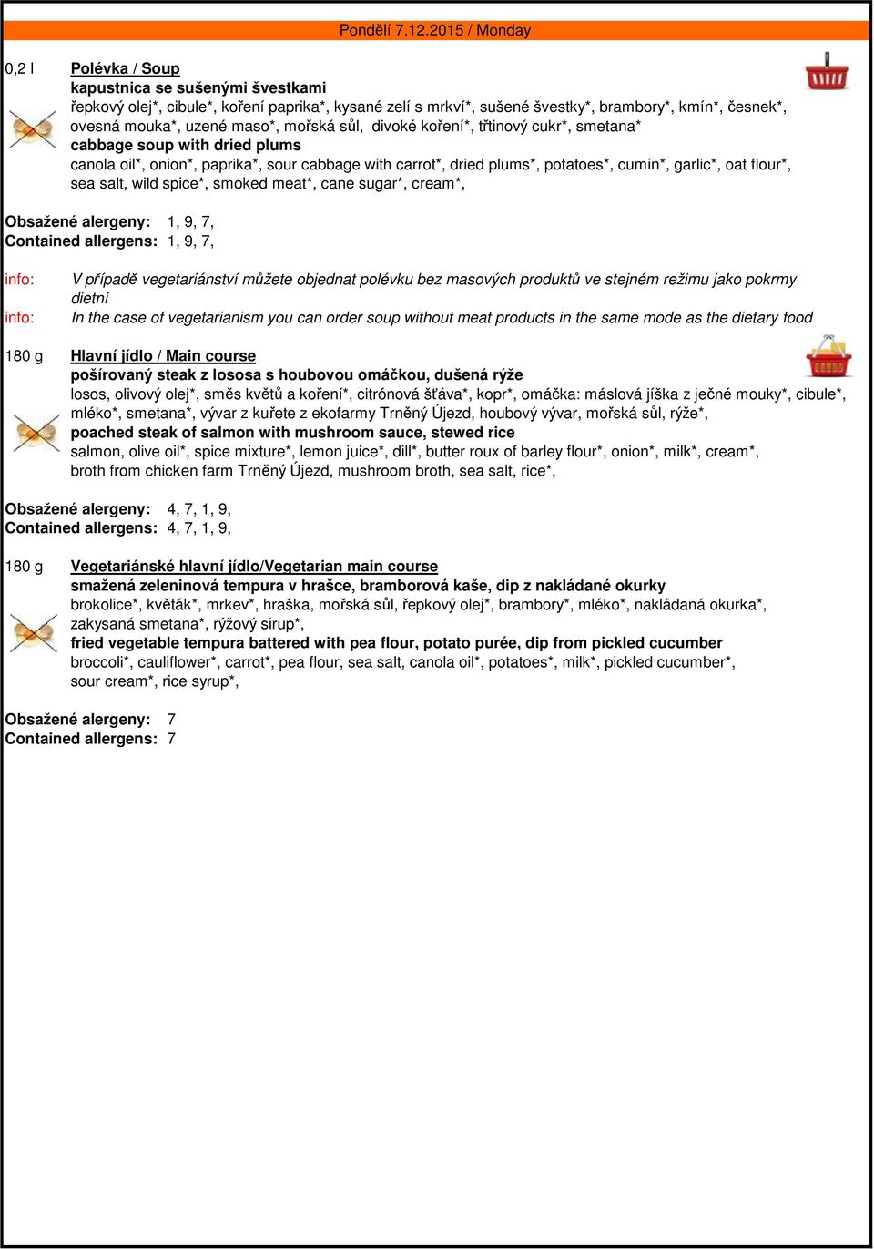 meat*, cane sugar*, cream*, Obsažené alergeny: 1, 9, 7, Contained allergens: 1, 9, 7, Pondělí 7.12.