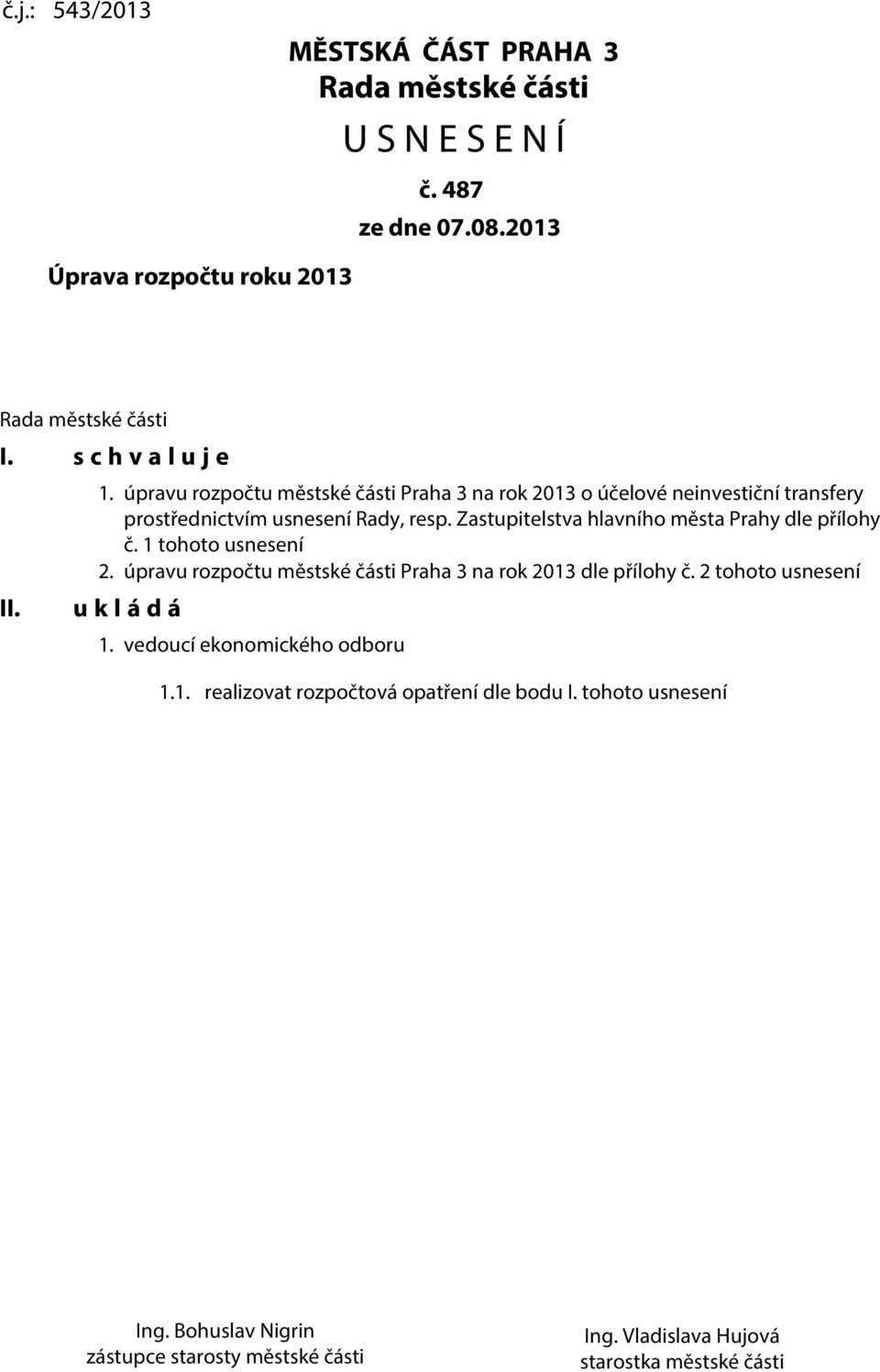 Zastupitelstva hlavního města Prahy dle přílohy č. 1 tohoto usnesení 2. úpravu rozpočtu městské části Praha 3 na rok 2013 dle přílohy č.