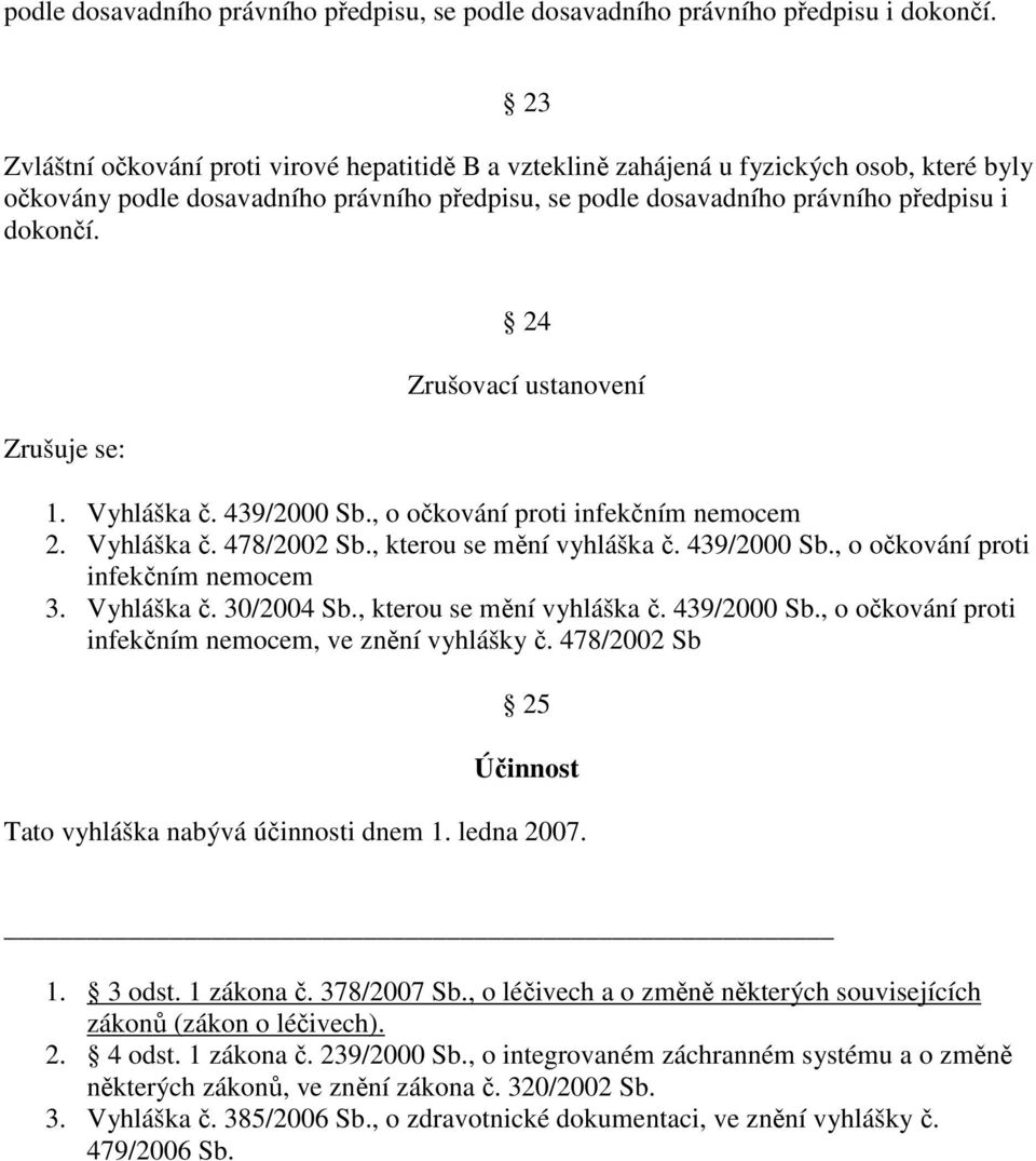 , o očkování proti infekčním nemocem 2. Vyhláška č. 478/2002 Sb., kterou se mění vyhláška č. 439/2000 Sb., o očkování proti infekčním nemocem 3. Vyhláška č. 30/2004 Sb., kterou se mění vyhláška č. 439/2000 Sb., o očkování proti infekčním nemocem, ve znění vyhlášky č.