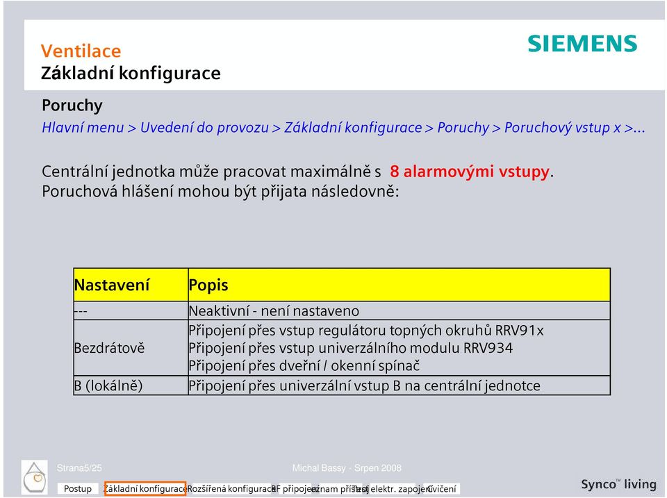 Poruchová hlášení mohou být přijata následovně: Nastavení Popis --- Neaktivní - není nastaveno Připojení přes vstup regulátoru topných