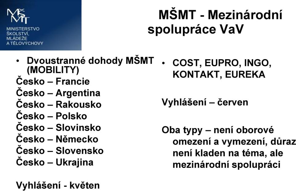 Česko Ukrajina COST, EUPRO, INGO, KONTAKT, EUREKA Vyhlášení červen Oba typy není oborové