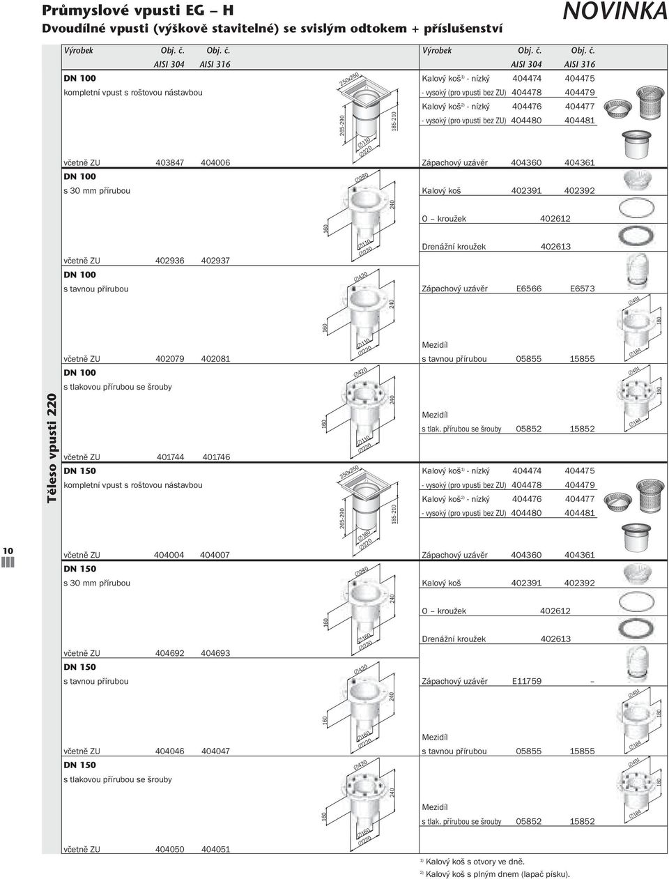 kroužek 2612 včetně ZU 2936 2937 Drenážní kroužek 2613 s tavnou přírubou Zápachový uzávěr E6566 E6573 1 220 420 Tûleso vpusti 220 160 220 2 10 160 220 280 160 220 420 160 220 420 2 160 2 160 2 včetně