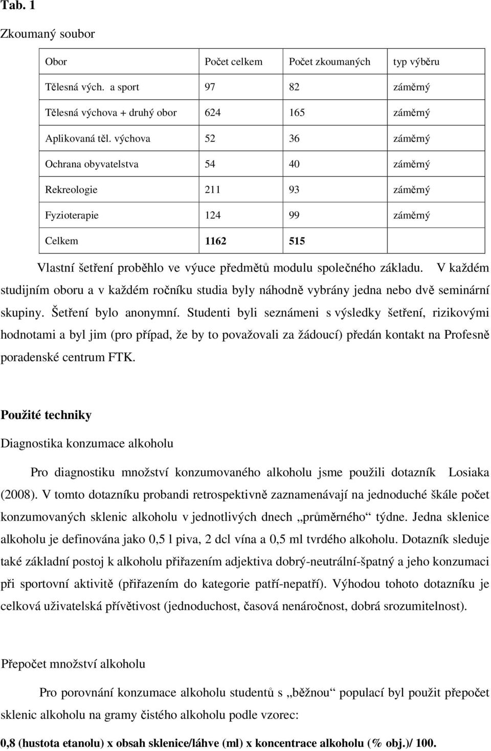 V každém studijním oboru a v každém ročníku studia byly náhodně vybrány jedna nebo dvě seminární skupiny. Šetření bylo anonymní.