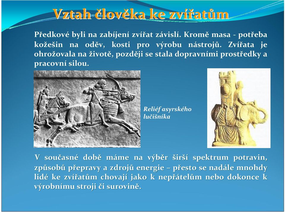 . Zvířata je ohrožovala ovala na životě,, později se stala dopravními prostředky a pracovní silou.
