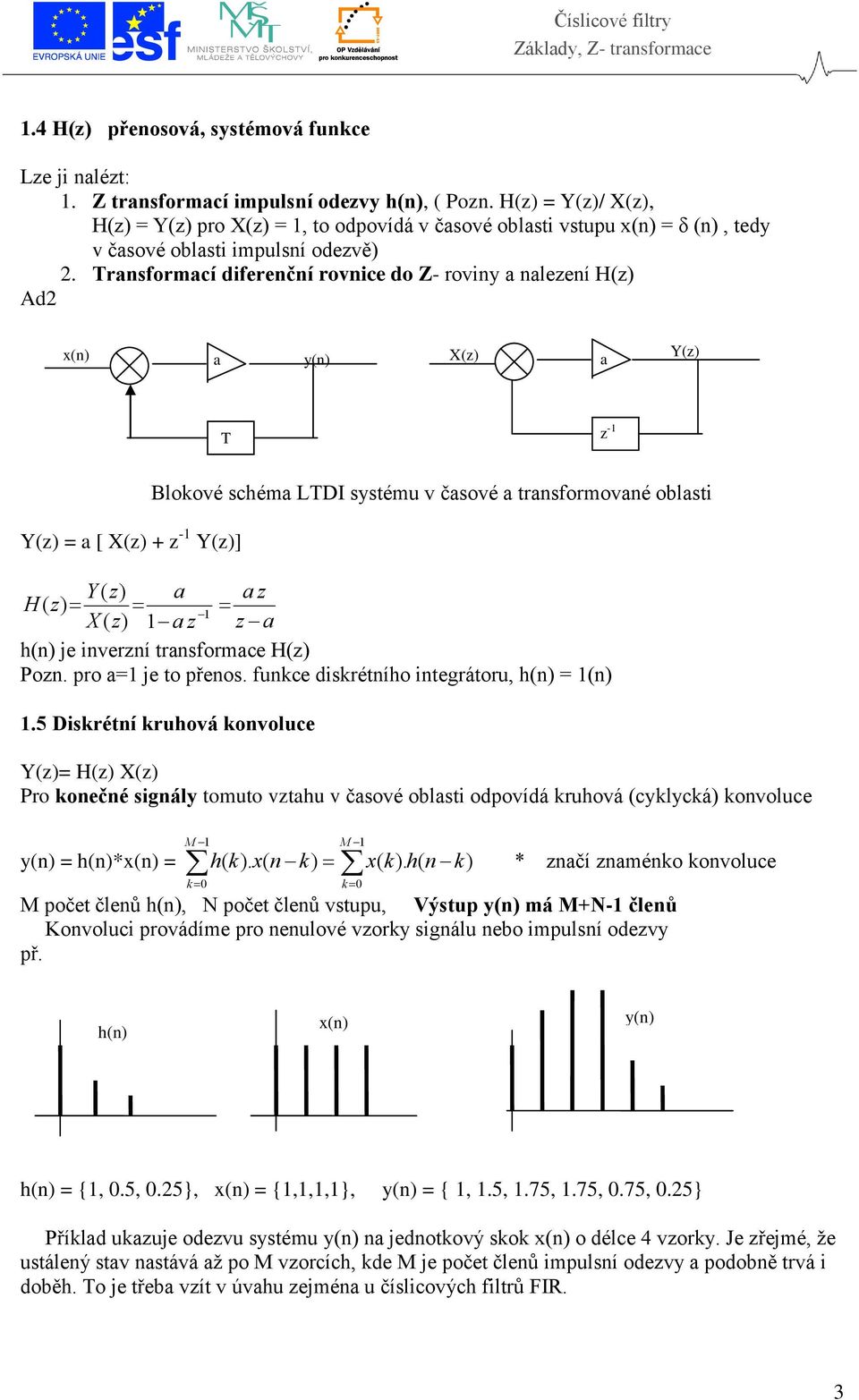 Trasformací dferečí rovce do Z- rovy a aleeí H() Ad2 x() a y() X() Y() a T -1 Y() = a [ X() + -1 Y()] Y( ) H( ) X ( ) 1 Blokové schéma LTDI systému v časové a trasformovaé oblast a a 1 a a h() je