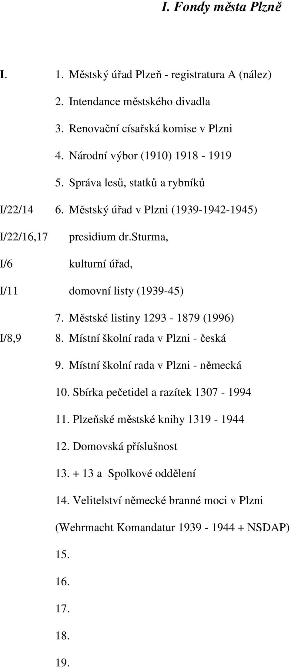 sturma, I/6 kulturní úřad, I/11 domovní listy (1939-45) I/8,9 7. Městské listiny 1293-1879 (1996) 8. Místní školní rada v Plzni - česká 9.