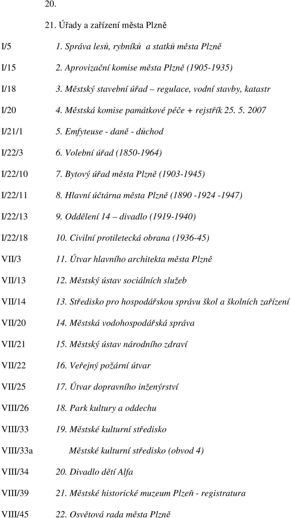 Bytový úřad města Plzně (1903-1945) I/22/11 8. Hlavní účtárna města Plzně (1890-1924 -1947) I/22/13 9. Oddělení 14 divadlo (1919-1940) I/22/18 10.