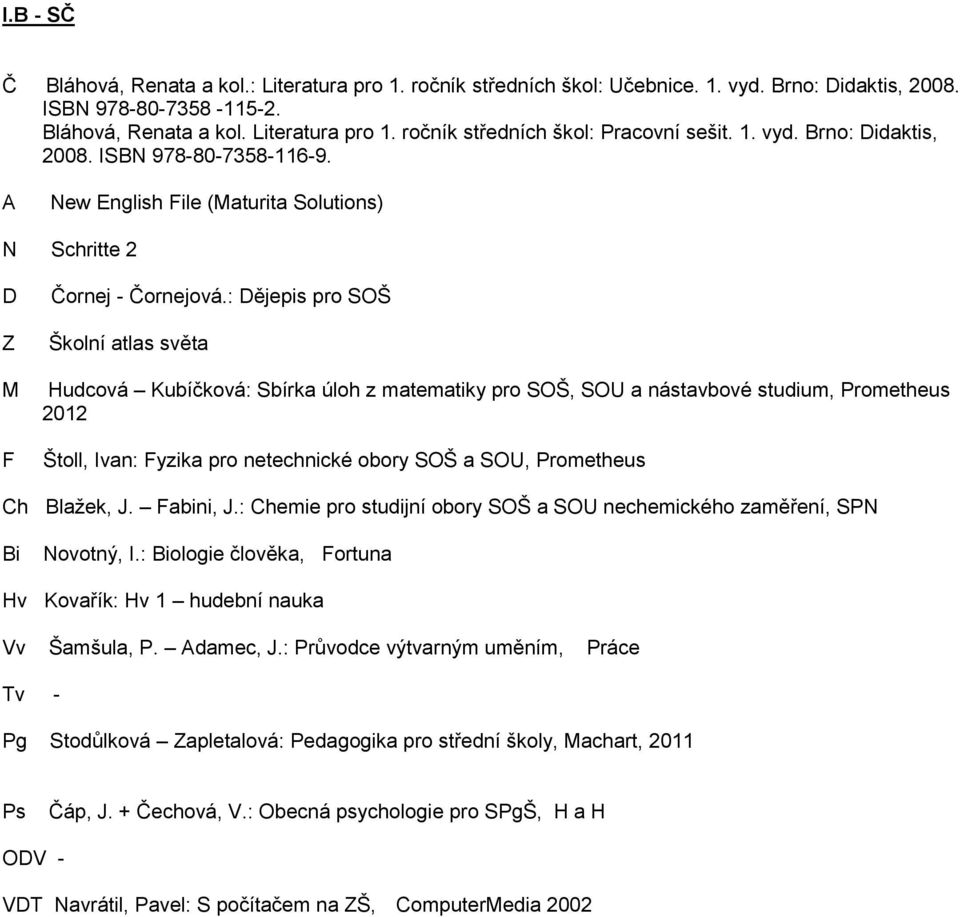 : ějepis pro SOŠ Školní atlas světa Hudcová Kubíčková: Sbírka úloh z matematiky pro SOŠ, SOU a nástavbové studium, Prometheus 2012 Štoll, Ivan: Fyzika pro netechnické obory SOŠ a SOU, Prometheus Ch