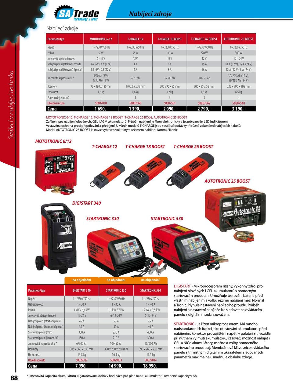 Nabíjecí proud (konvenční proud) 1,4 (6 V), 2,5 (12 V) 4 A 8 A 16 A 12 A (12 V), 8 A (24 V) Jmenovitá kapacita aku * 4/20 Ah (6 V), 6/30 Ah (12 V) 2/70 Ah 5/180 Ah 10/250 Ah 30/225 Ah (12 V), 20/180