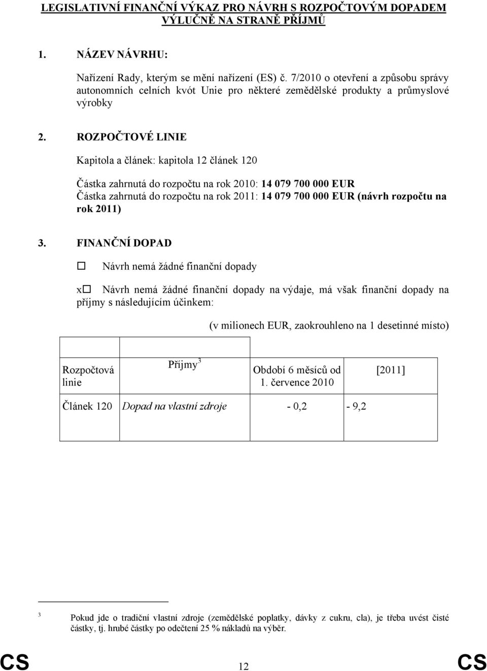 ROZPOČTOVÉ LINIE Kapitola a článek: kapitola 12 článek 120 Částka zahrnutá do rozpočtu na rok 2010: 14 079 700 000 EUR Částka zahrnutá do rozpočtu na rok 2011: 14 079 700 000 EUR (návrh rozpočtu na