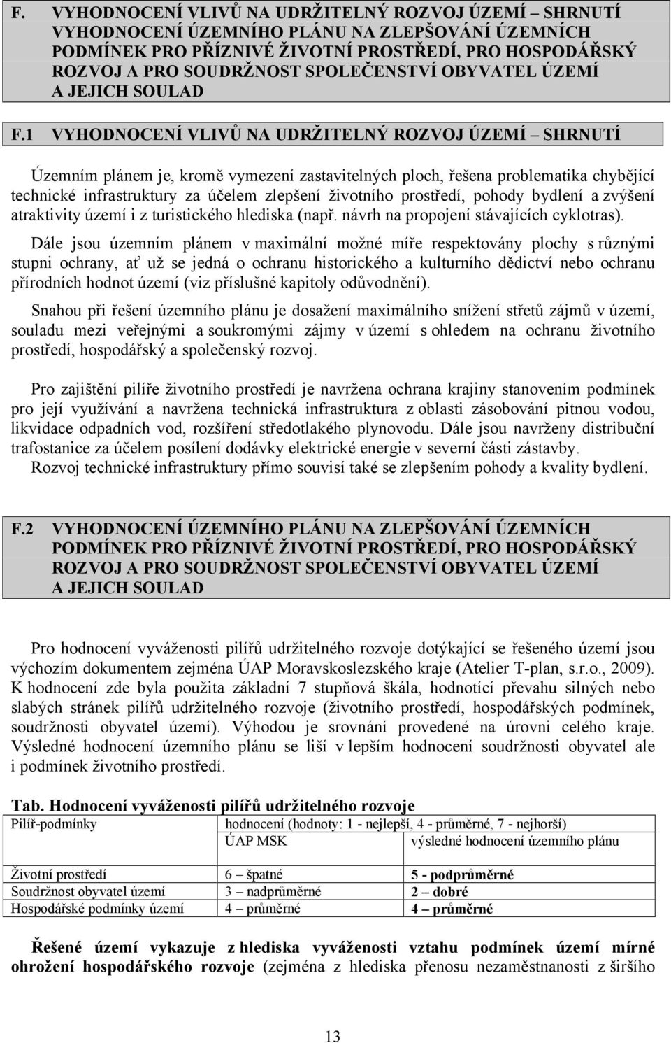 1 VYHODNOCENÍ VLIVŮ NA UDRŽITELNÝ ROZVOJ ÚZEMÍ SHRNUTÍ Územním plánem je, kromě vymezení zastavitelných ploch, řešena problematika chybějící technické infrastruktury za účelem zlepšení životního