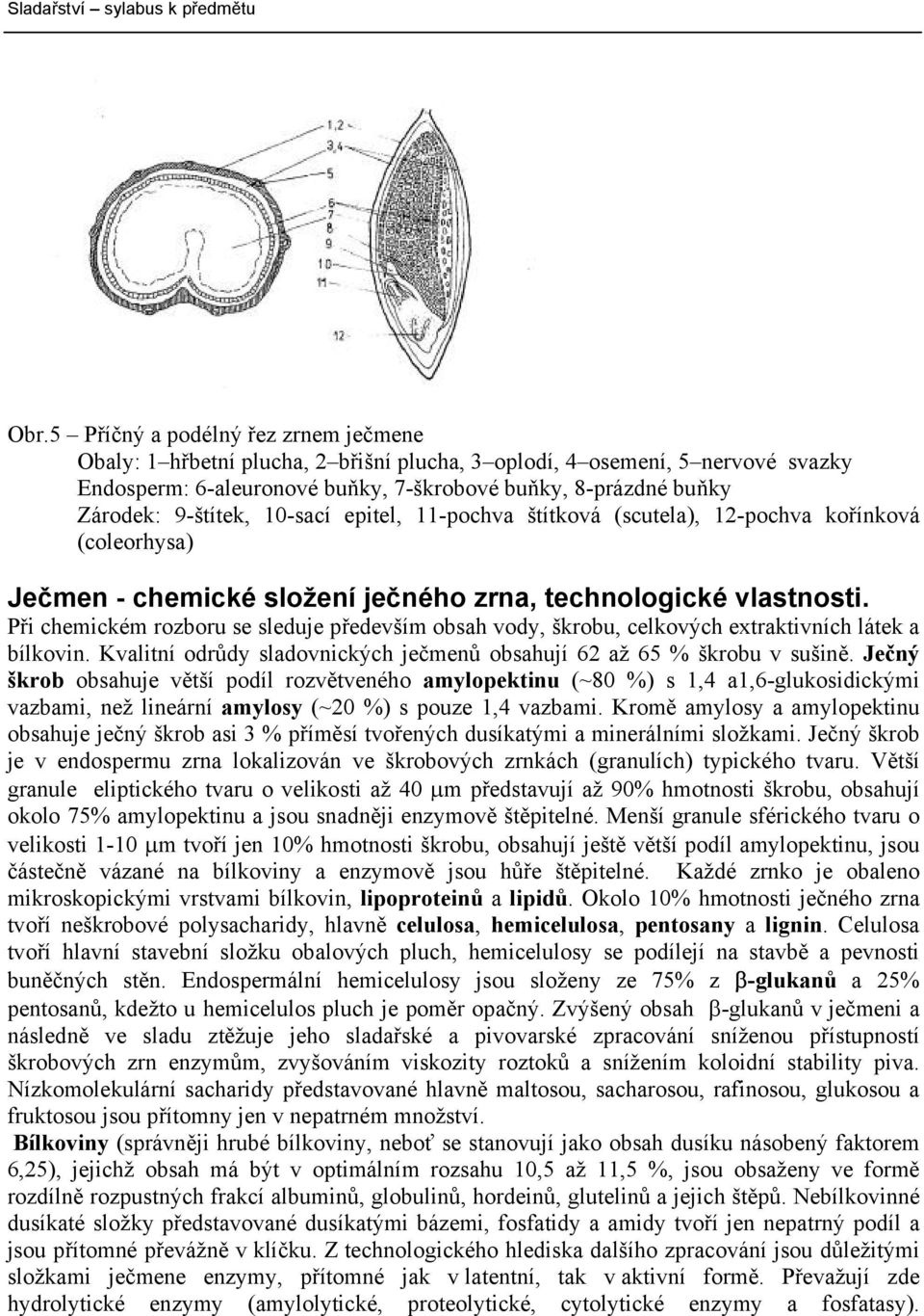 Při chemickém rozboru se sleduje především obsah vody, škrobu, celkových extraktivních látek a bílkovin. Kvalitní odrůdy sladovnických ječmenů obsahují 62 až 65 % škrobu v sušině.