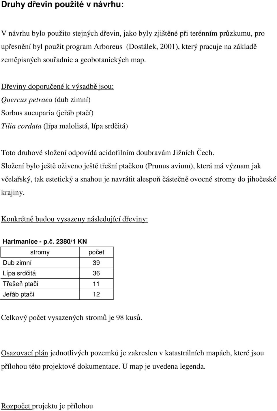 Dřeviny doporučené k výsadbě jsou: Quercus petraea (dub zimní) Sorbus aucuparia (jeřáb ptačí) Tilia cordata (lípa malolistá, lípa srdčitá) Toto druhové složení odpovídá acidofilním doubravám Jižních