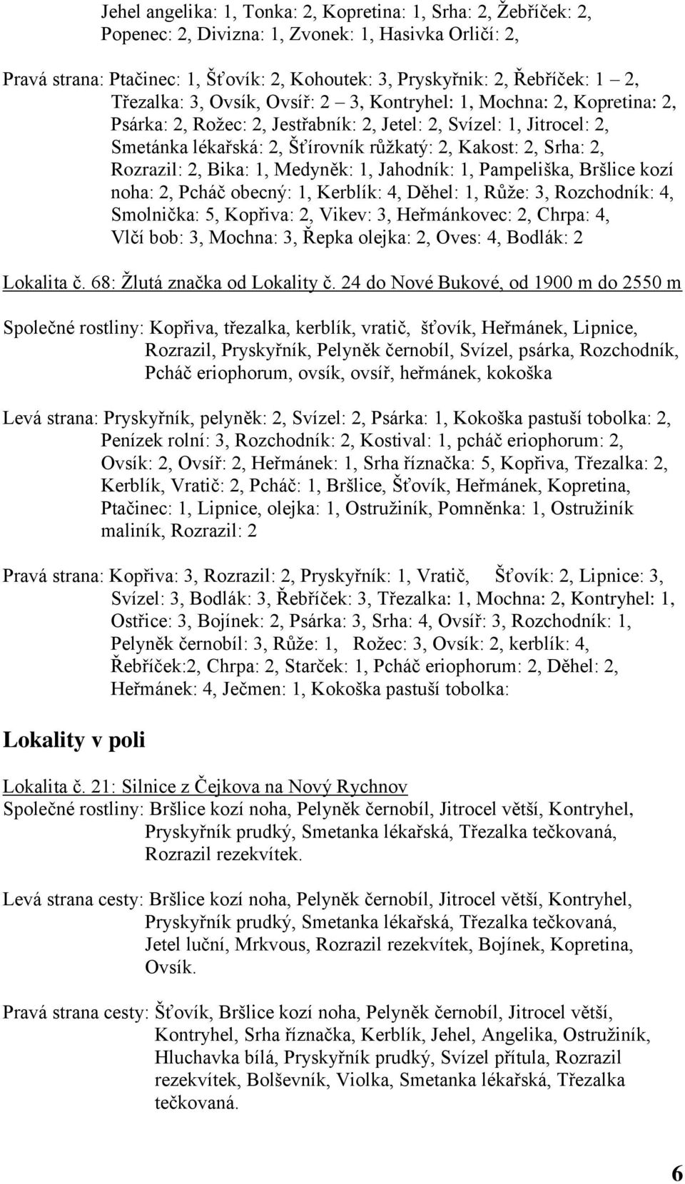 Srha: 2, Rozrazil: 2, Bika: 1, Medyněk: 1, Jahodník: 1, Pampeliška, Bršlice kozí noha: 2, Pcháč obecný: 1, Kerblík: 4, Děhel: 1, Růţe: 3, Rozchodník: 4, Smolnička: 5, Kopřiva: 2, Vikev: 3,