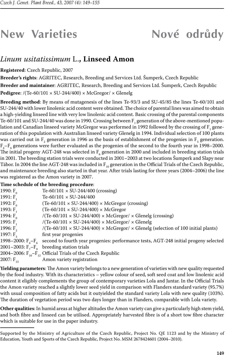 Šumperk, Czech Republic Pedigree: /(Te-60/101 SU-244/400) McGregor/ Glenelg Breeding method: By means of mutagenesis of the lines Te-93/3 and SU-45/85 the lines Te-60/101 and SU-244/40 with lower