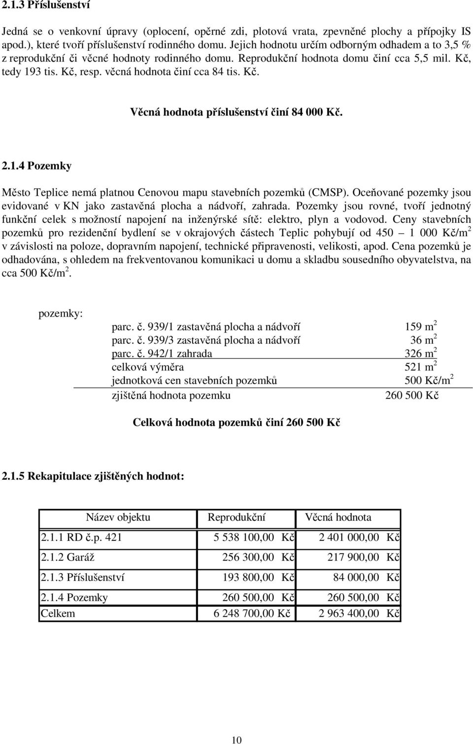 Kč. Věcná hodnota příslušenství činí 84 000 Kč. 2.1.4 Pozemky Město Teplice nemá platnou Cenovou mapu stavebních pozemků (CMSP).