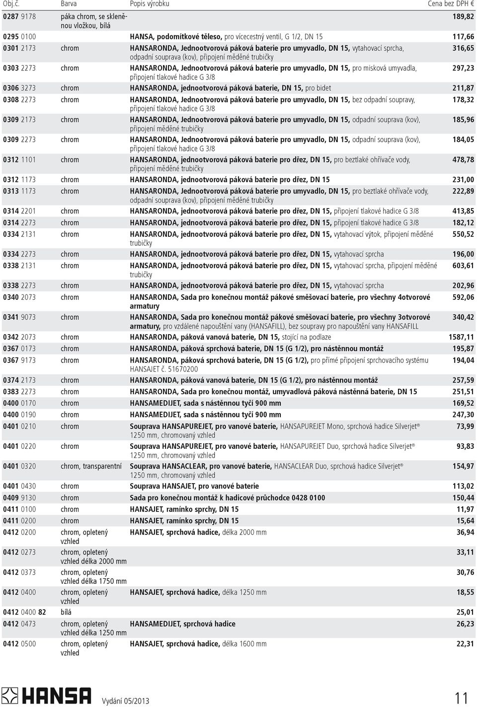 páková baterie pro umyvadlo, DN 15, vytahovací sprcha, 316,65 odpadní souprava (kov), pøipojení mìdìné trubièky 0303 2273 HANSARONDA, Jednootvorová páková baterie pro umyvadlo, DN 15, pro misková