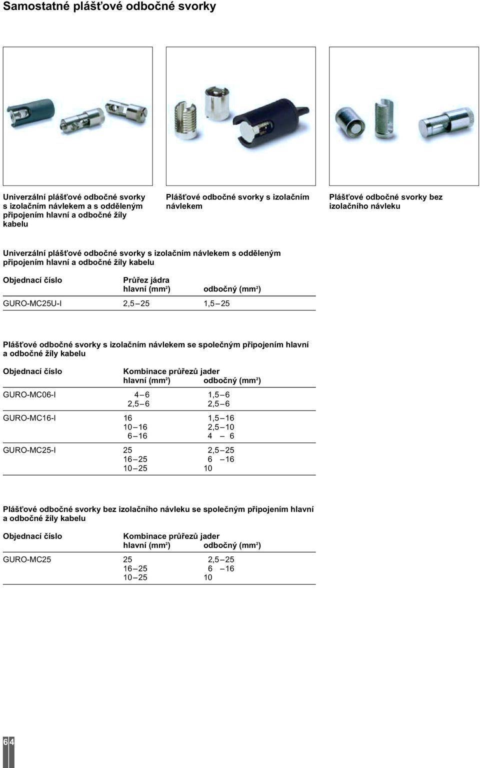 (mm 2 ) GURO-MC25U-I 2,5 25 1,5 25 Plášťové odbočné svorky s izolačním návlekem se společným připojením hlavní a odbočné žíly kabelu Objednací číslo Kombinace průřezů jader hlavní (mm 2 ) odbočný (mm