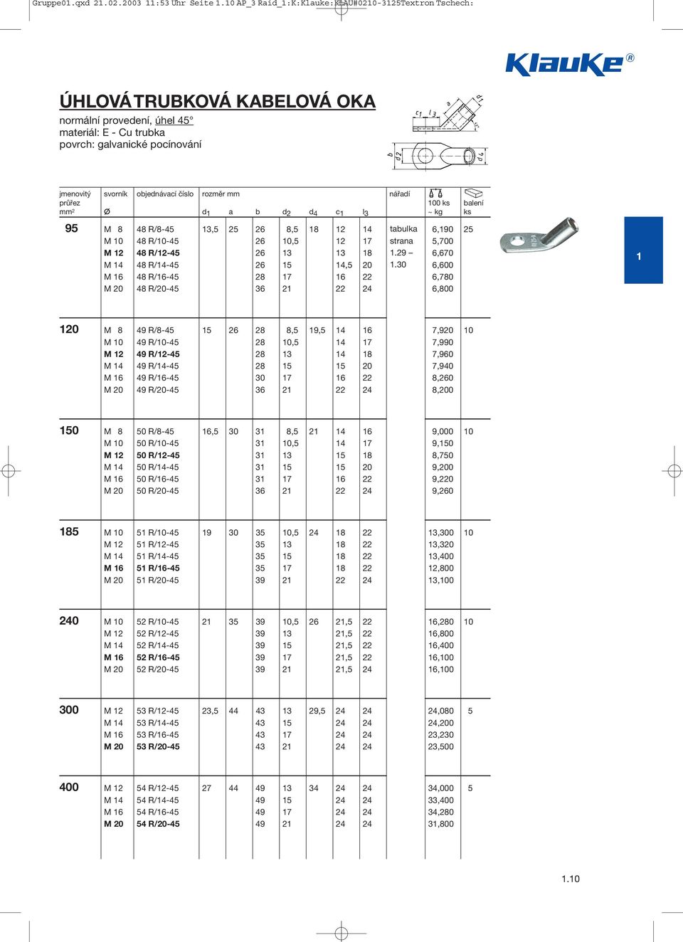 číslo rozměr mm nářadí průřez 100 ks balení mm 2 d 1 a b d 2 d 4 c 1 l 3 ~ kg ks 95 M 8 48 R/8-45 13,5 25 26 8,5 18 12 14 tabulka 6,190 25 M 10 48 R/10-45 26 10,5 12 17 5,700 M 12 48 R/12-45 26 13 13