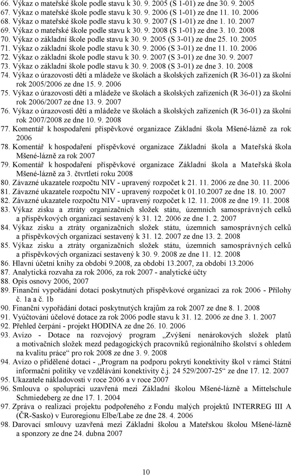 Výkaz o základní škole podle stavu k 30. 9. 2005 (S 3-01) ze dne 25. 10. 2005 71. Výkaz o základní škole podle stavu k 30. 9. 2006 (S 3-01) ze dne 11. 10. 2006 72.