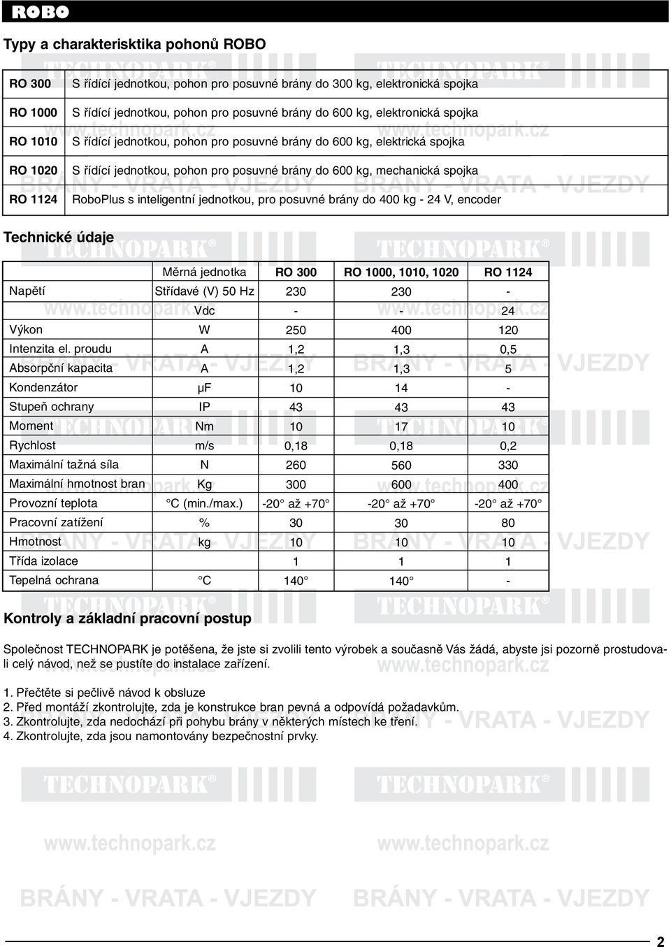 jednotkou, pro posuvné brány do 400 kg - 24 V, encoder Technické údaje Napětí Výkon Intenzita el.