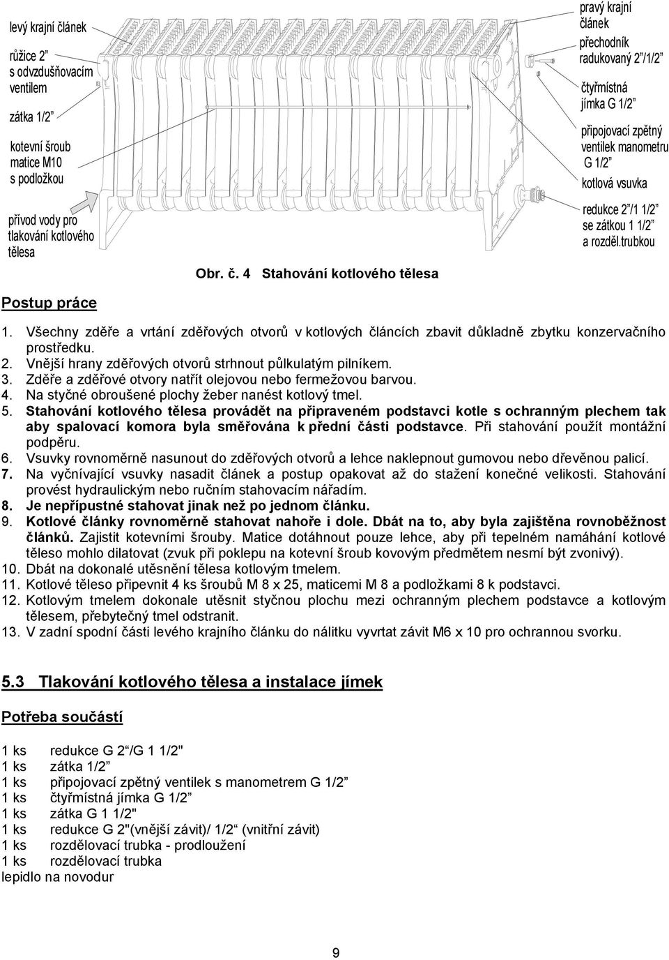 4 Stahování kotlového tělesa pravý krajní článek přechodník radukovaný 2 /1/2 čtyřmístná jímka G 1/2 připojovací zpětný ventilek manometru G 1/2 kotlová vsuvka redukce 2 /1 1/2 se zátkou 1 1/2 a