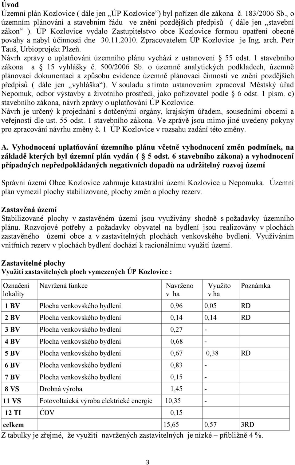 Návrh zprávy o uplatňování územního plánu vychází z ustanovení 55 odst. 1 stavebního zákona a 15 vyhlášky č. 500/2006 Sb.