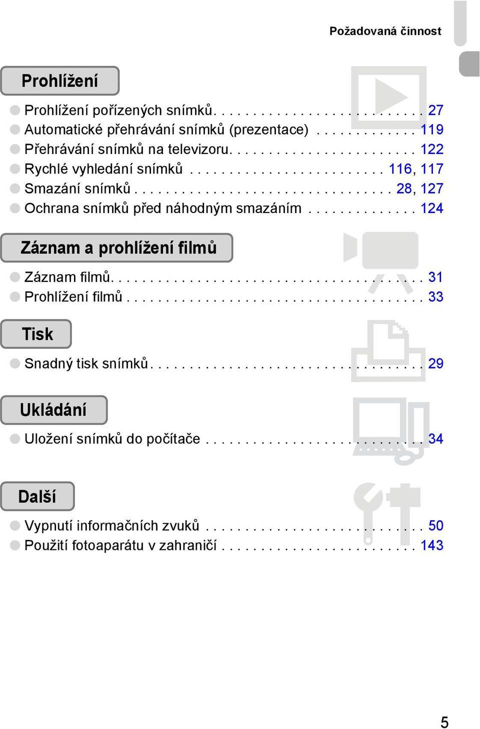 ............. 124 Záznam a prohlížení filmů E Záznam filmů........................................ 31 Prohlížení filmů...................................... 33 Tisk 2 Snadný tisk snímků.