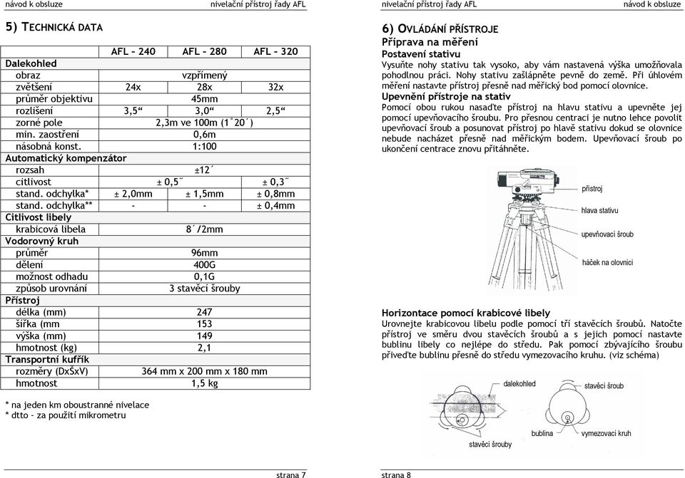 odchylka** - - ± 0,4mm Citlivost libely krabicová libela 8 /2mm Vodorovný kruh průměr 96mm dělení 400G možnost odhadu 0,1G způsob urovnání 3 stavěcí šrouby Přístroj délka (mm) 247 šířka (mm 153 výška