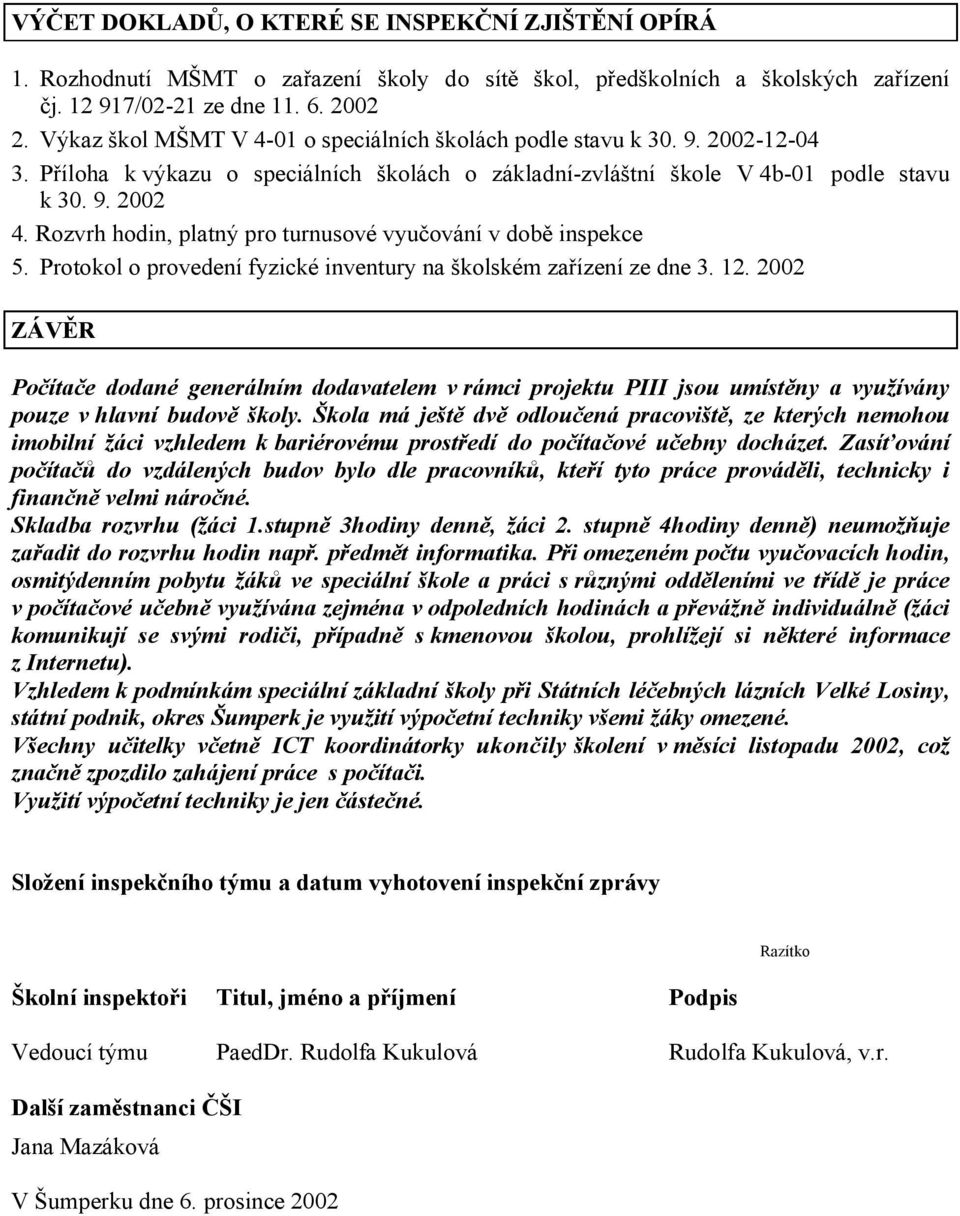 Rozvrh hodin, platný pro turnusové vyučování v době inspekce 5. Protokol o provedení fyzické inventury na školském zařízení ze dne 3. 12.