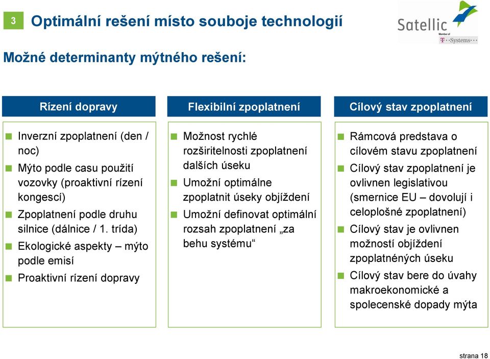 trída) Ekologické aspekty mýto podle emisí Proaktivní rízení dopravy Flexibilní zpoplatnení Možnost rychlé rozširitelnosti zpoplatnení dalších úseku Umožní optimálne zpoplatnit úseky objíždení Umožní