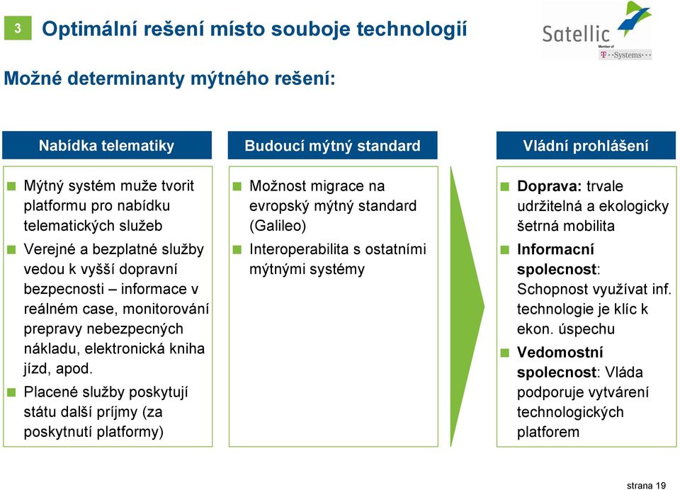 Placené služby poskytují státu další príjmy (za poskytnutí platformy) Budoucí mýtný standard Možnost migrace na evropský mýtný standard (Galileo) Interoperabilita s ostatními mýtnými systémy