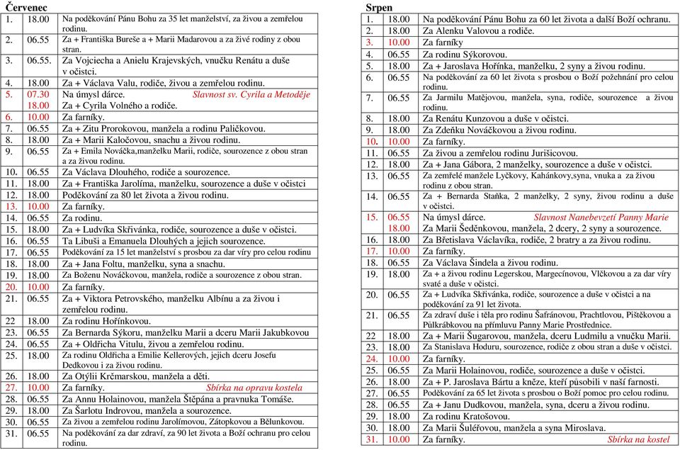 55 Za + Zitu Prorokovou, manžela a rodinu Paličkovou. 8. 18.00 Za + Marii Kaločovou, snachu a živou 9. 06.55 Za + Emila Nováčka,manželku Marii, rodiče, sourozence z obou stran a za živou 10. 06.55 Za Václava Dlouhého, rodiče a sourozence.