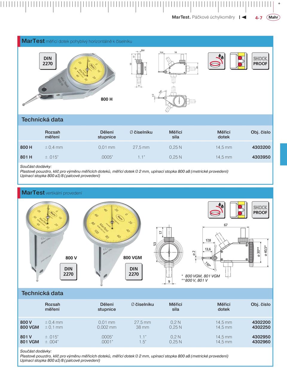 Rozsah Dělení Ø číselníku Měřicí Měřicí Obj. číslo měření stupnice síla dotek H ±,4 mm,1 mm 7, mm, N 14