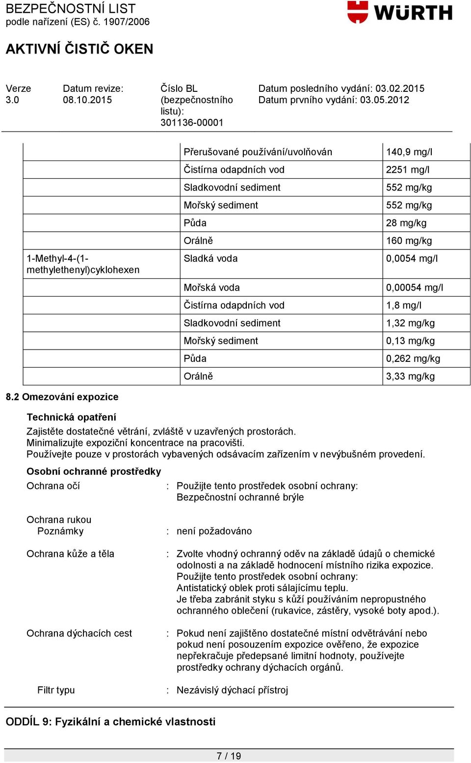 sediment Půda Orálně 140,9 mg/l 2251 mg/l 552 mg/kg 552 mg/kg 28 mg/kg 160 mg/kg 0,0054 mg/l 0,00054 mg/l 1,8 mg/l 1,32 mg/kg 0,13 mg/kg 0,262 mg/kg 3,33 mg/kg Technická opatření Zajistěte dostatečné