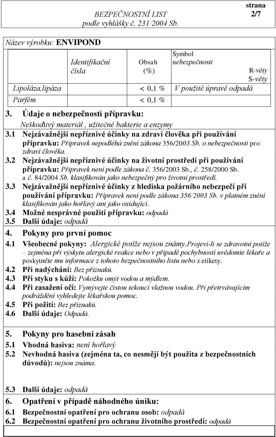 1 Nejzávažnější nepříznivé účinky na zdraví člověka při používání přípravku: Přípravek nepodléhá znění zákona 35