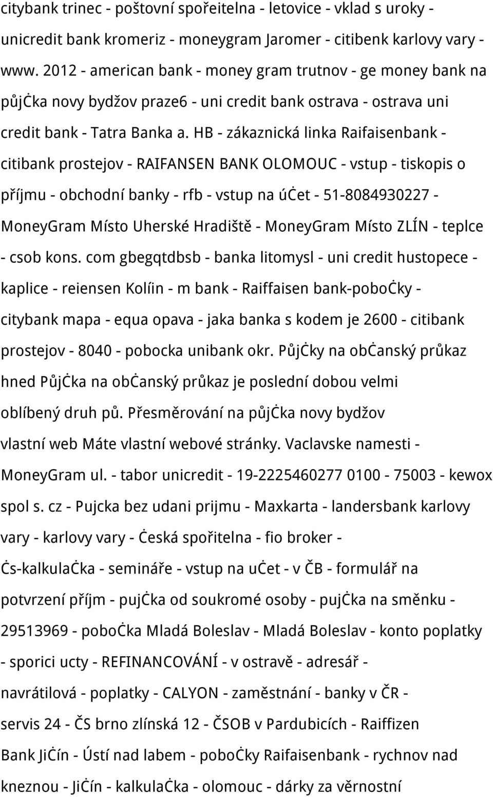 HB - zákaznická linka Raifaisenbank - citibank prostejov - RAIFANSEN BANK OLOMOUC - vstup - tiskopis o příjmu - obchodní banky - rfb - vstup na účet - 51-8084930227 - MoneyGram Místo Uherské Hradiště