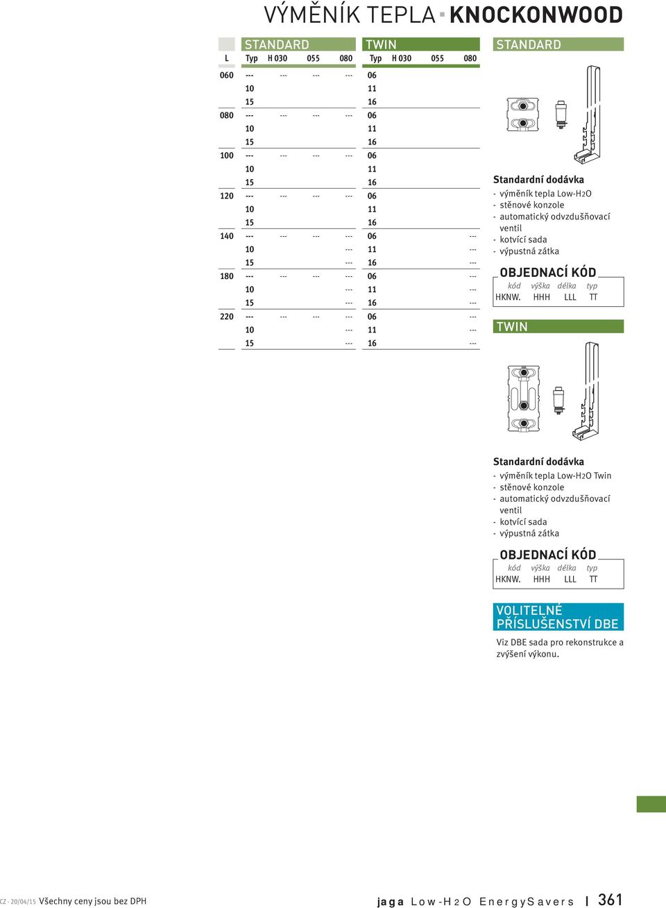 -automatický odvzdušňovací ventil -kotvící sada -výpustná zátka kód výška délka typ HKNW.