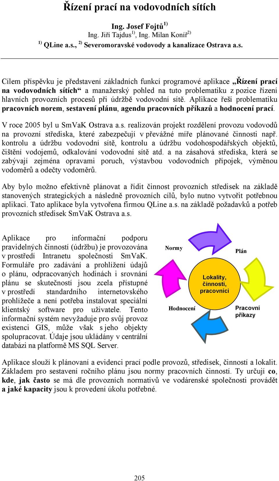 Aplikace řeší problematiku pracovních norem, sestavení plánu, agendu pracovních příkazů a hodnocení prací. V roce 2005 byl u SmVaK Ostrava a.s. realizován projekt rozdělení provozu vodovodů na provozní střediska, které zabezpečují v převážné míře plánované činnosti např.