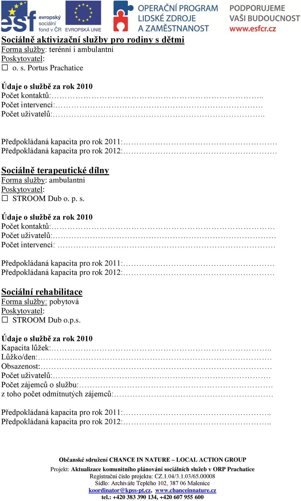 Předpokládaná kapacita pro rok 2011: Předpokládaná kapacita pro rok 2012: Sociální rehabilitace Forma služby: pobytová STROOM Dub o.p.s. Kapacita lůžek:.. Lůžko/den:.