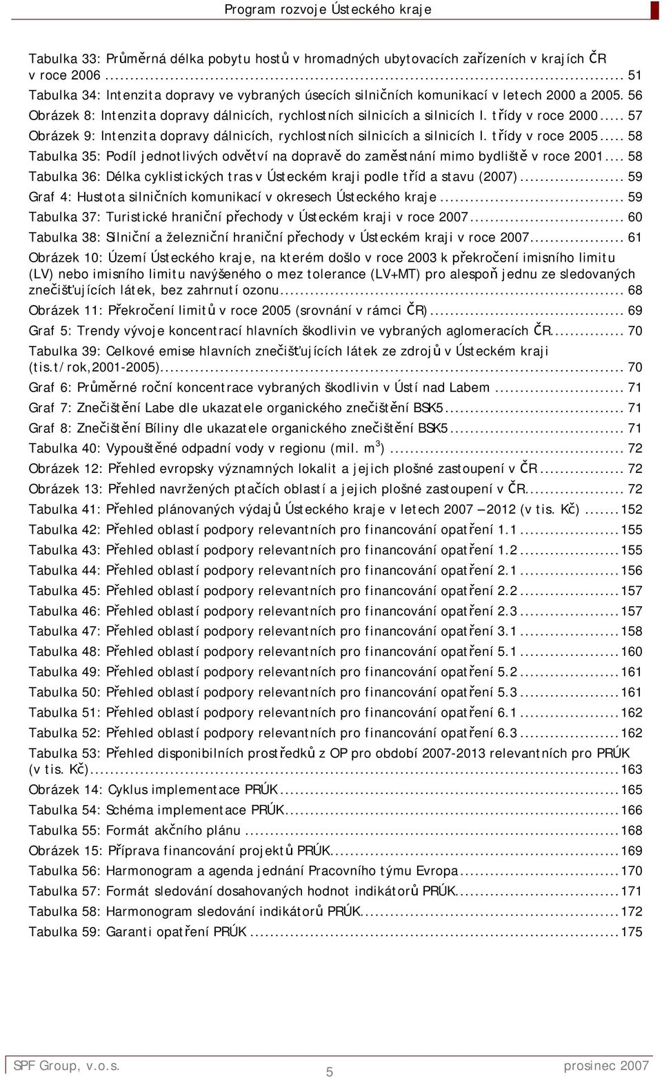 ..58 Tabulka 35: Podíl jednotlivých odvětví na dopravě do zaměstnání mimo bydliště v roce 2001...58 Tabulka 36: Délka cyklistických tras v Ústeckém kraji podle tříd a stavu (2007).